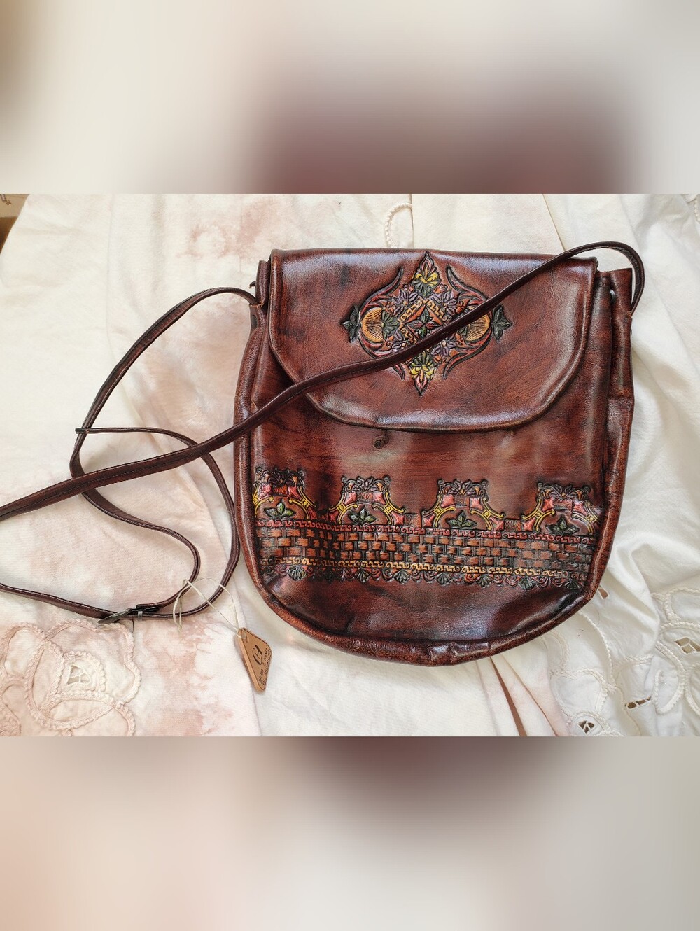 Handmade Leather Crossbody From Argentina Tooled /Dyed Leather NWT